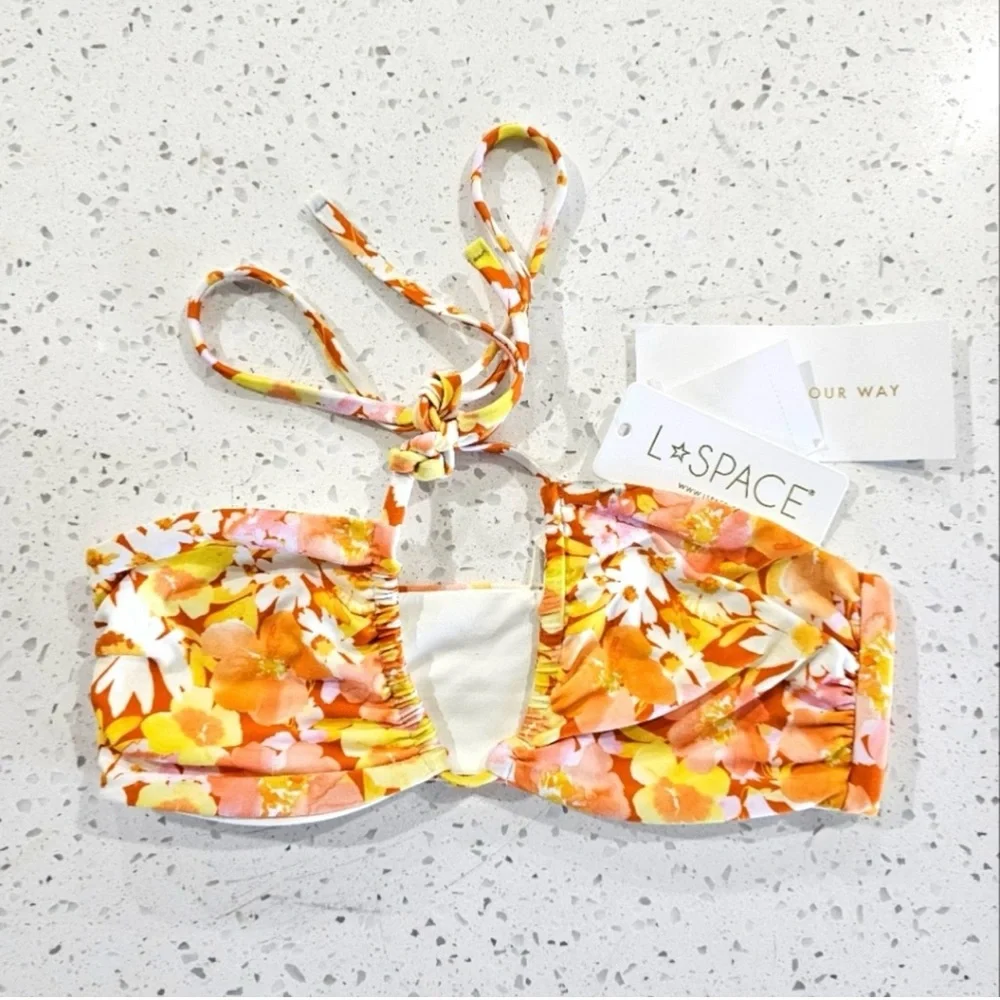 L*Space Floral Bikini Top Size M Orange Yellow Halter Bandeau Cutout NWT